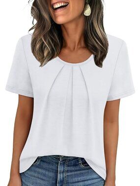 Women's White Floral Pleated Blouse Short Sleeve Casual Summer Dressy Tunic Top